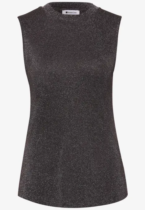 Schwarzes, ärmelloses Top mit dezentem Glitzereffekt und rundem Halsausschnitt.