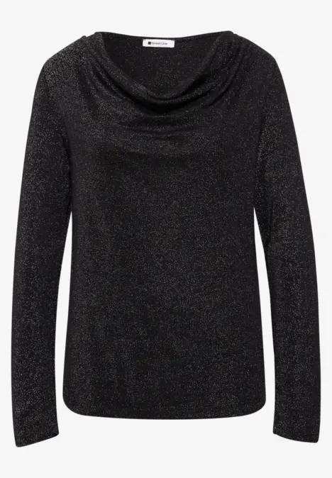 Schwarze, glitzernde Damenbluse mit Wasserfallausschnitt und langen Ärmeln