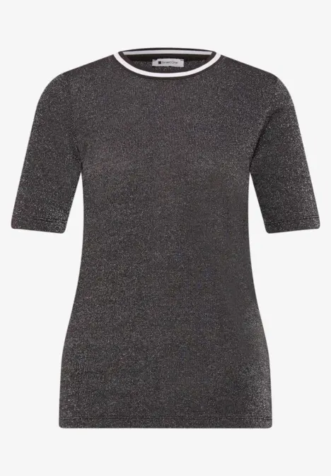 Schwarzes, fein schimmerndes Damen-T-Shirt mit kurzem Arm und rundem Ausschnitt.