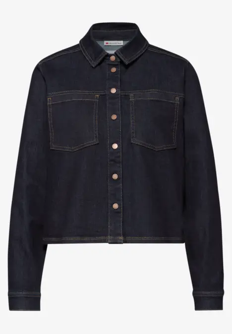 Dunkelblaue Jeansjacke mit Knopfleiste und zwei Brusttaschen