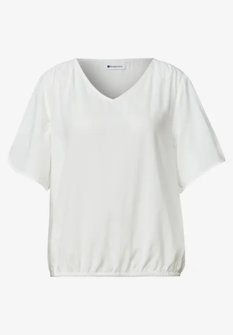 Weiße V-Ausschnitt-Bluse mit weiten Kurzärmeln und elastischem Bund.