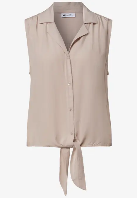 Beige ärmellose Bluse mit Knopfleiste und Knoten am Bund