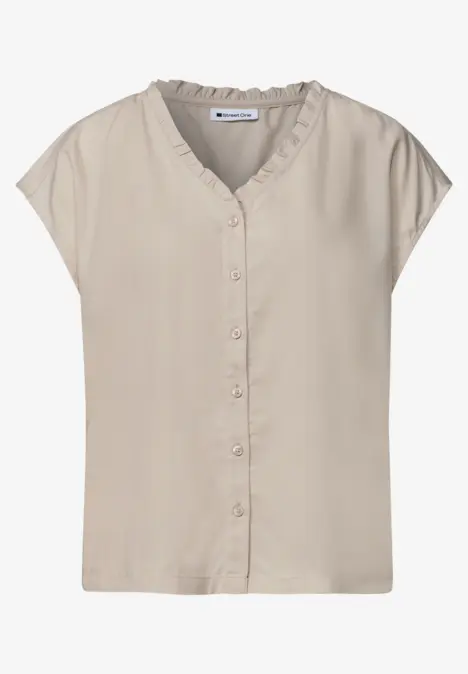 Beige ärmellose Bluse mit V-Ausschnitt und Knopfleiste, locker geschnitten.