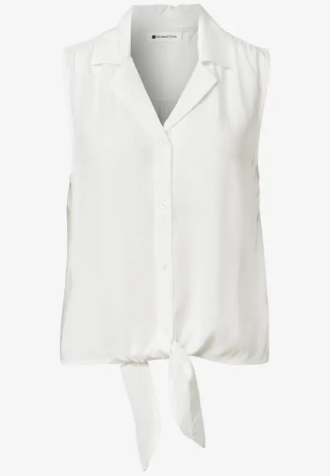 Ärmellose weiße Bluse mit V-Ausschnitt und Frontknoten