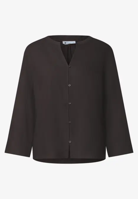 Schwarze langärmelige Bluse mit Knopfleiste und V-Ausschnitt, schlicht und elegant.