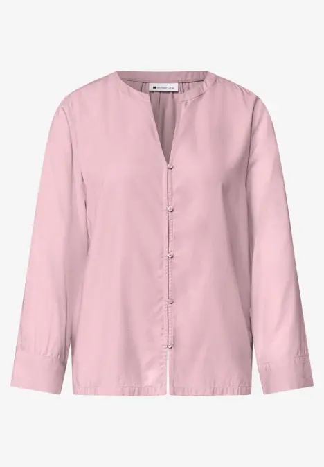 Hellrosa, langärmlige, knöpfbare Bluse mit V-Ausschnitt und schlichtem Design.