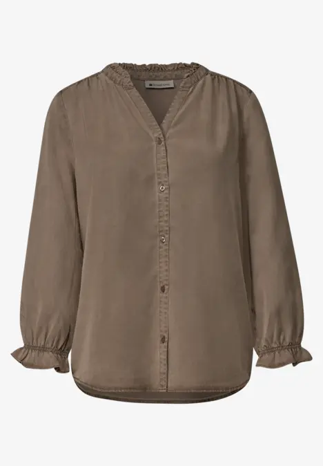 Chemisier marron femme à col en V, boutonné et manches froncées