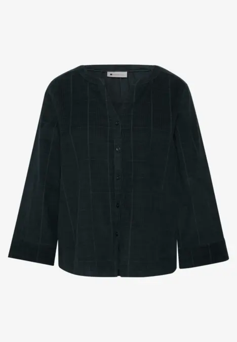 Dunkelgrüne, kariert gemusterte Hemdjacke mit Knopfleiste und Rundhalsausschnitt.