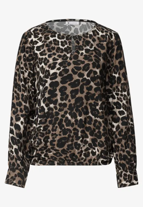 Damen-Bluse mit elastischem Saum, lange Ärmel und braun-schwarzem Leopardenmuster