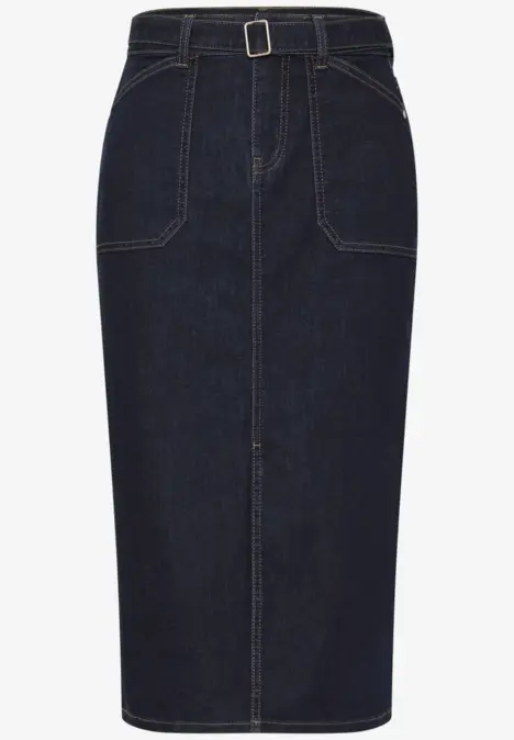 Jupe crayon mi-longue en jean foncé, taille haute, poches plaquées avant.