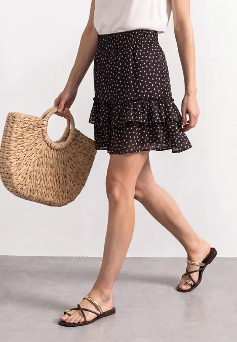 Eine Frau in weißem Top, schwarzem, gepunktetem Rock, mit Basttasche und schwarzen Riemchensandalen.