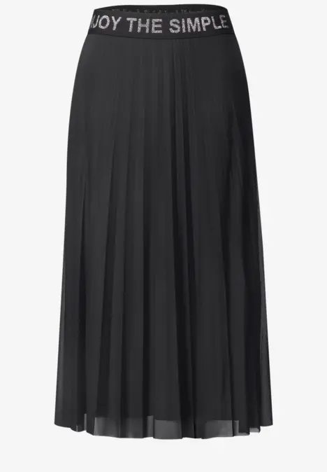 Jupe midi plissée noire, taille élastique avec l’inscription « ENJOY THE SIMPLE ».