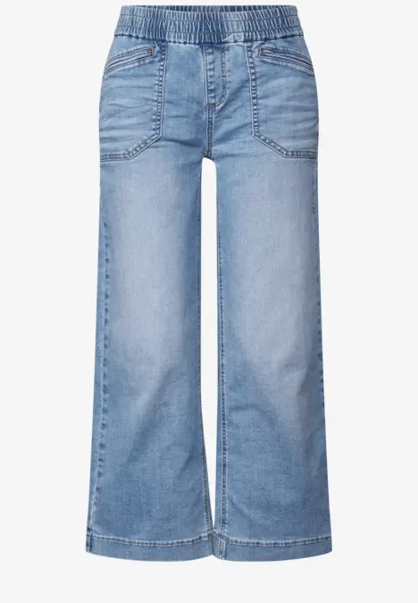 Weite Jeanshose mit Gummibund und Taschen, hellblauer Denim.