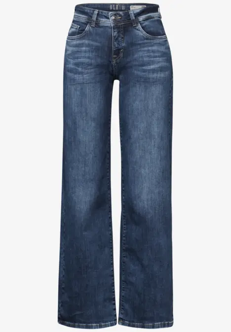 Blaue Damenjeans im Wide-Leg-Schnitt mit Used-Look.