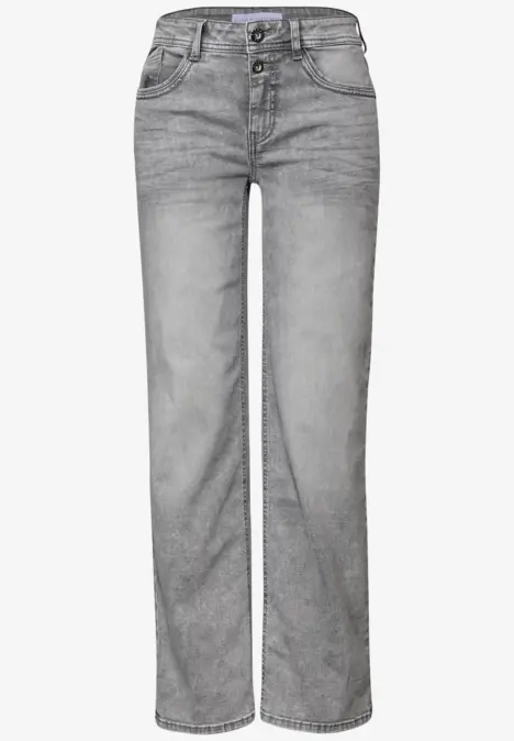 Jean gris coupe droite avec poches et double fermeture à boutons.