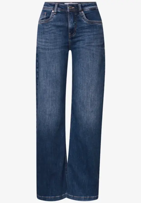 Ein Paar dunkelblaue Jeans mit geradem Bein, hoher Taille, Five-Pocket-Design und klassischen Gürtelschlaufen.