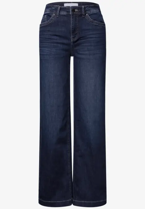 Eine dunkelblaue, weite Jeanshose mit hoher Taille und geradem Schnitt.