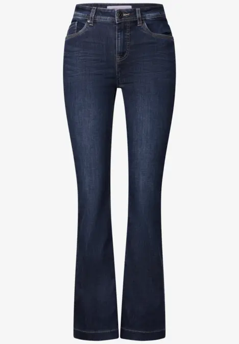 Dunkelblaue Bootcut-Jeans mit hohem Bund und fünf Taschen.