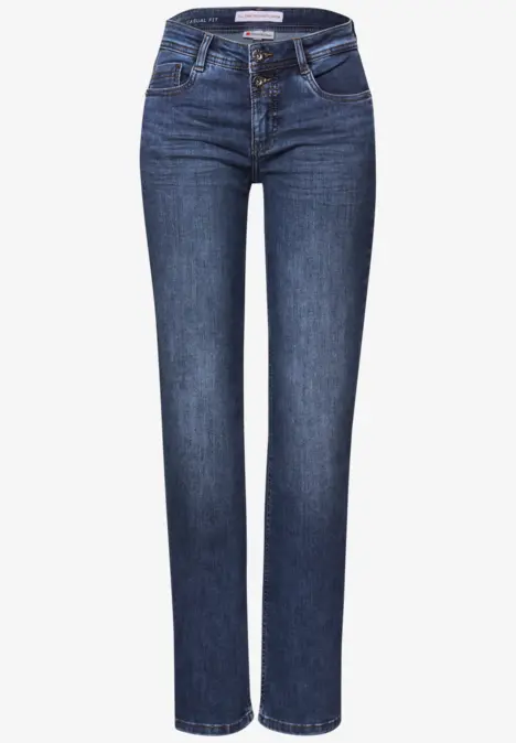 Blaue Jeanshose mit geradem Schnitt und Knopfleiste.