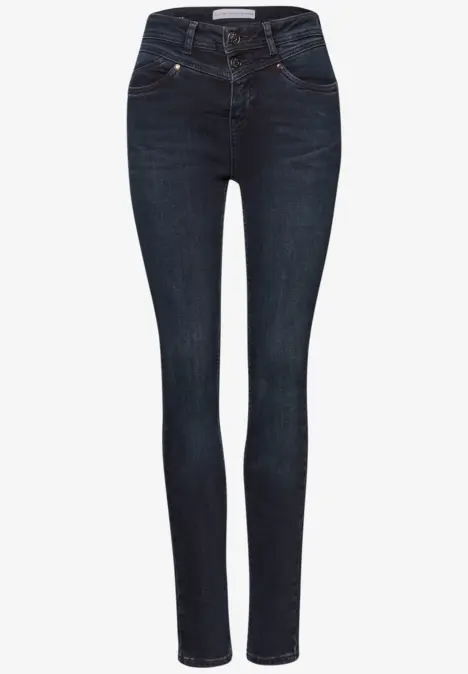 Dunkelblaue Skinny-Jeans mit hoher Taille und doppeltem Knopfverschluss.