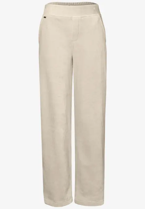 Beige, gerade geschnittene Hose mit elastischem Bund.