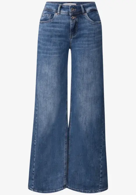 Weite blaue Jeanshose mit hoher Taille und weitem Bein.
