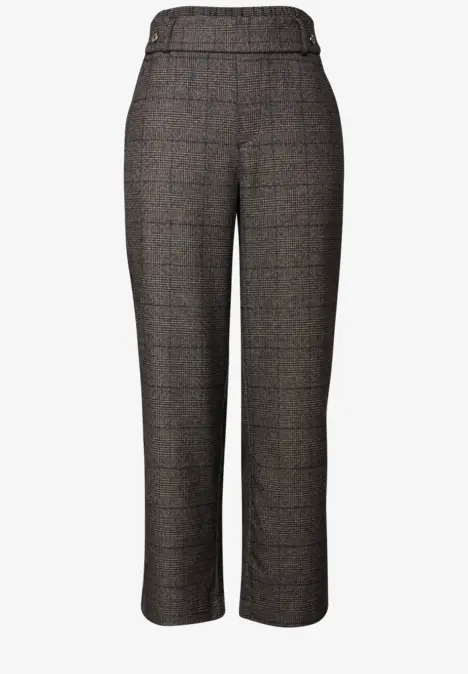 Dunkle karierte Stoffhose mit geradem Schnitt und hohem Bund.