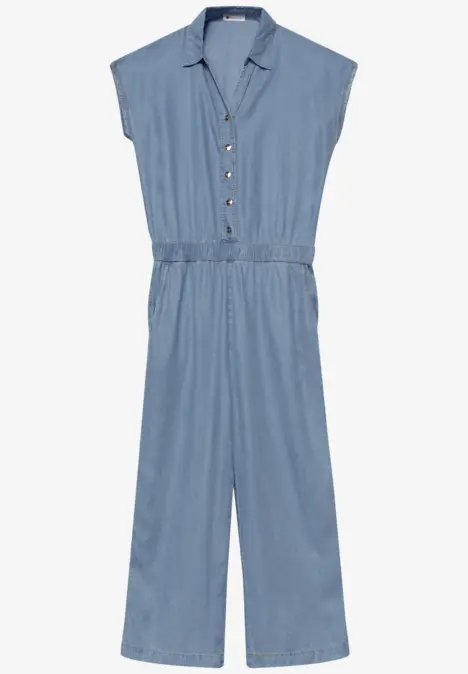 Hellblauer ärmelloser Denim-Jumpsuit mit Knopfleiste, weitem Bein und Taillengürtel