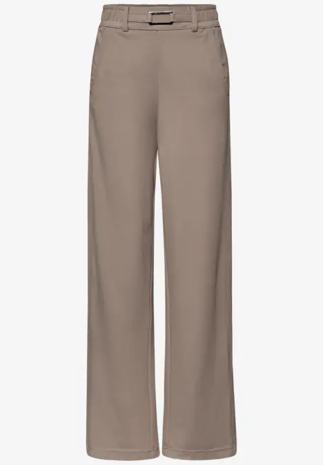 Taupefarbene Damenhose mit weitem Bein, hoher Taille und Gürtel für einen eleganten Look.