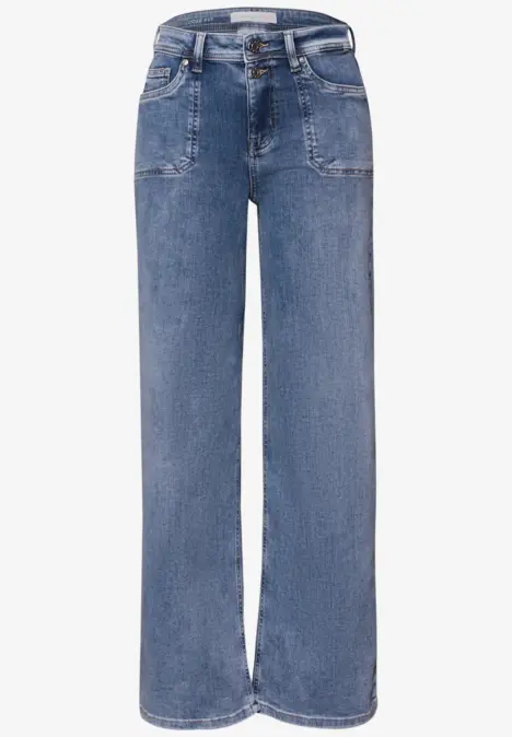 Blaue Jeans mit geradem, weiten Bein, hoher Taille und aufgesetzten Taschen.
