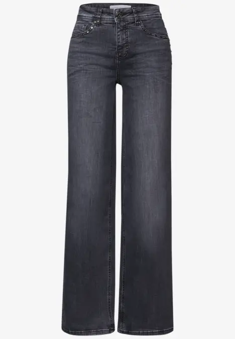 Dunkelgraue, hochgeschnittene Jeans mit weitem Bein und geradem Schnitt