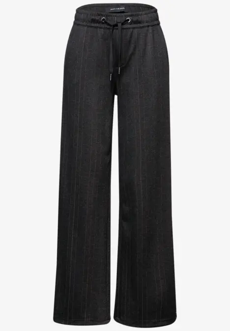 Schwarze, weite Palazzo-Hose mit elastischem Bund und Kordelzug.
