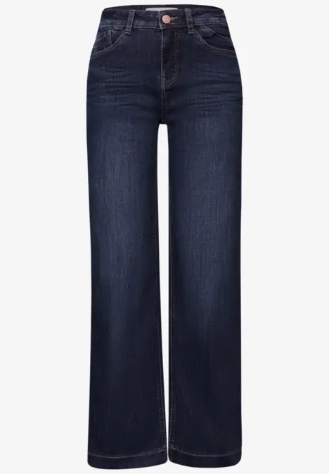 Dunkelblaue, hochgeschnittene Jeans mit weitem Bein und geradem Saum