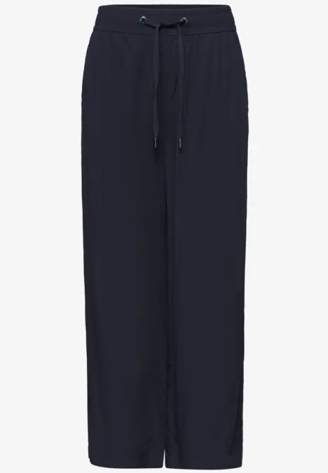 Pantalon femme bleu marine, coupe droite, taille élastiquée avec cordon de serrage.