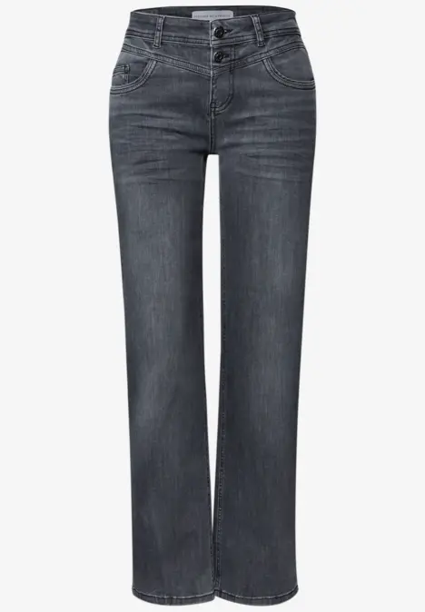 Jean femme droit gris foncé taille haute en denim.