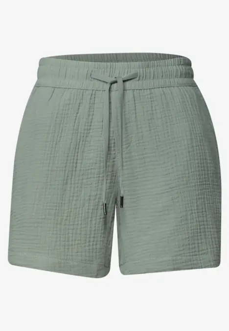 Leichte, grün-graue Shorts aus Baumwollgaze mit elastischem Bund und Kordelzug.