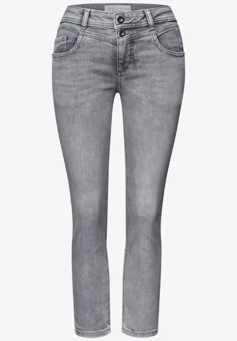 Graue, knöchellange Jeans mit schmaler Passform und niedrigem Bund