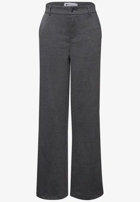 Graue, gerade geschnittene Damenhose mit mittlerer Bundhöhe und leicht ausgestelltem Bein.