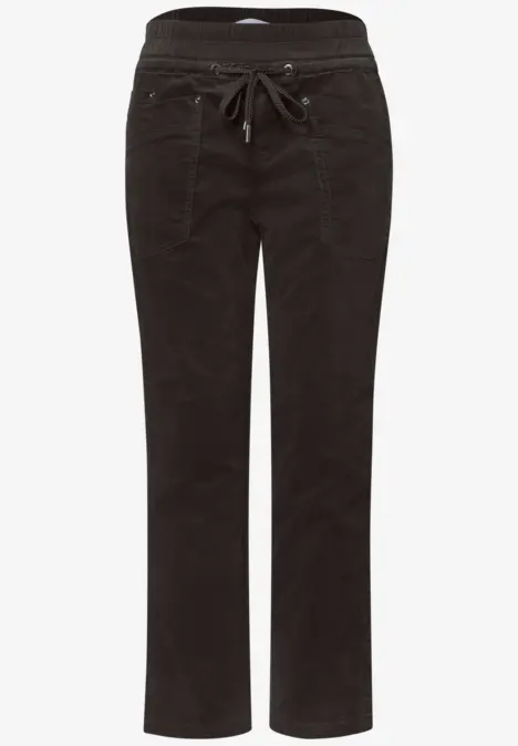 Schwarze, gerade geschnittene Hose mit Kordelzugbund und Taschen.