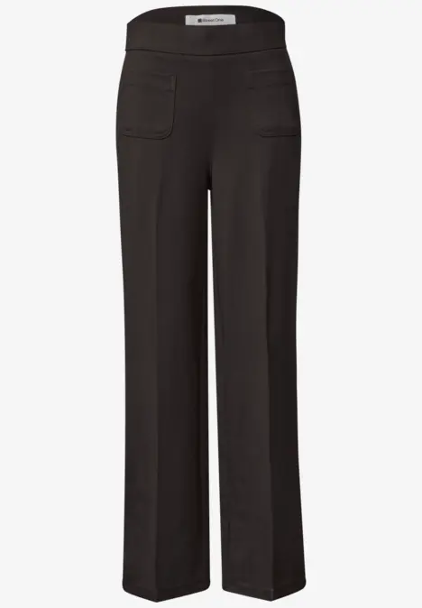 Dunkelgraue, gerade geschnittene Hose mit aufgesetzten Hosentaschen und mittelhoher Taille.