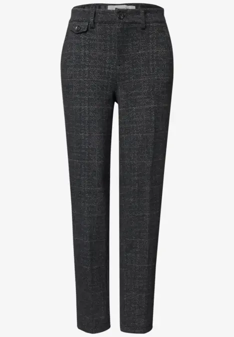 Elegante, dunkelgraue Damenhose mit feinem Karo, geradem Bein und schmaler Passform.
