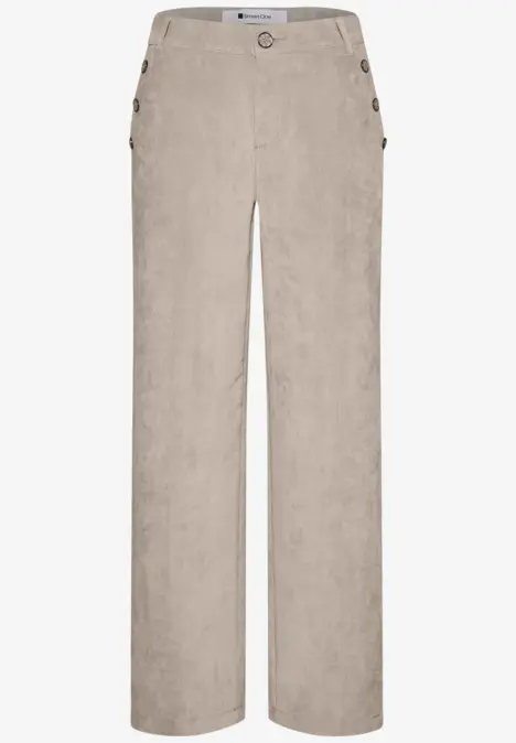 Beige, gerade geschnittene Hose mit seitlichen Knöpfen und hohem Bund.