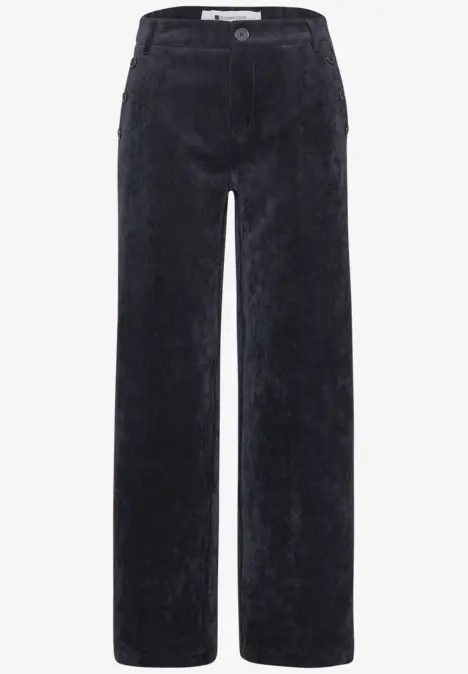 Dunkelblaue weite Cordhose mit hoher Taille und Knopfverschluss.