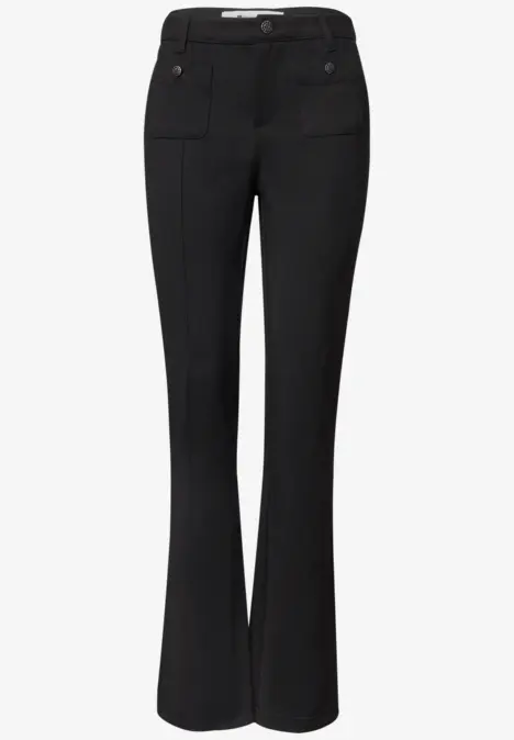 Schwarze Damenhose mit ausgestelltem Bein und hoher Taille, schlicht und elegant.