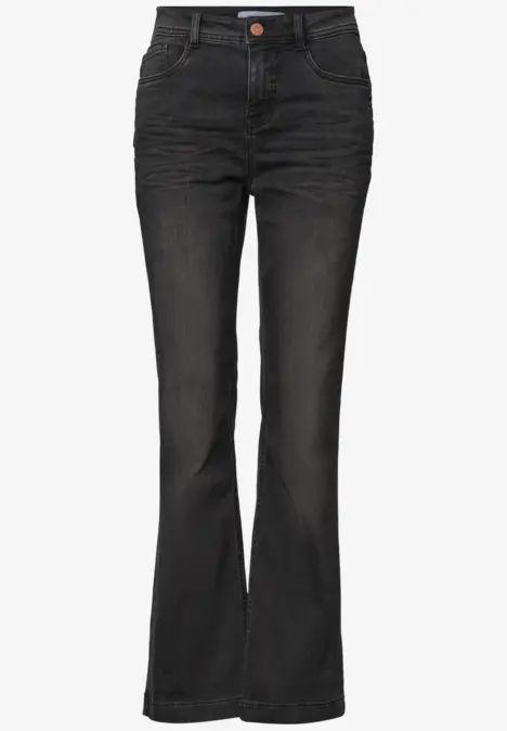 Schwarze, taillierte Jeans mit ausgestelltem Bein und hohem Bund.