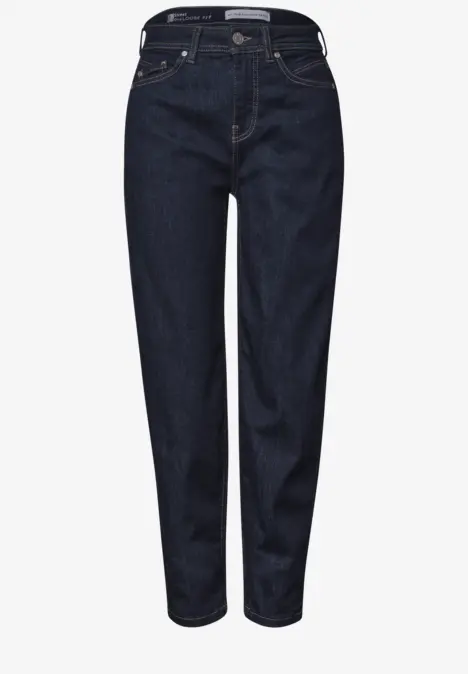 Dunkelblaue Damenjeans mit hohem Bund, geradem Bein und klassischem Fünf-Taschen-Design.