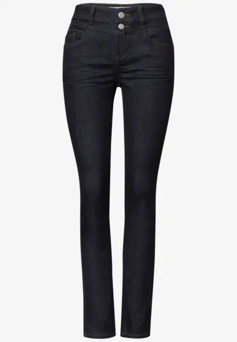 Dunkelblaue Damen-Skinny-Jeans mit schmalem Schnitt und hohem Bund.