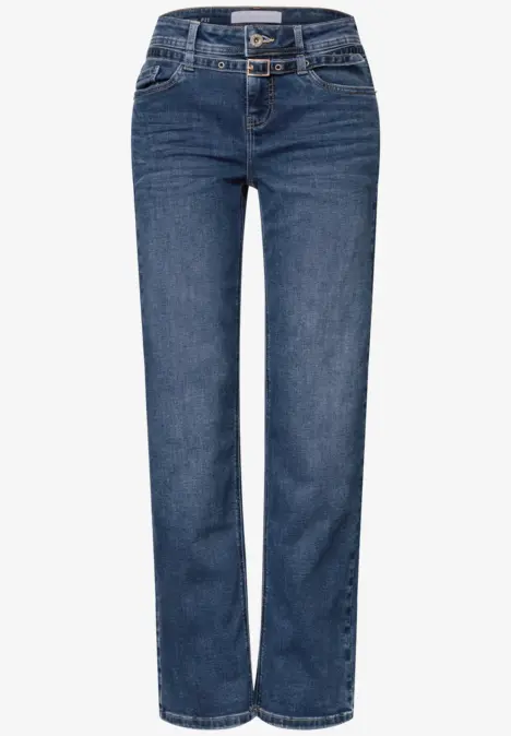 Dunkelblaue Jeans mit geradem Bein, Five-Pocket-Design und Knopfleiste.