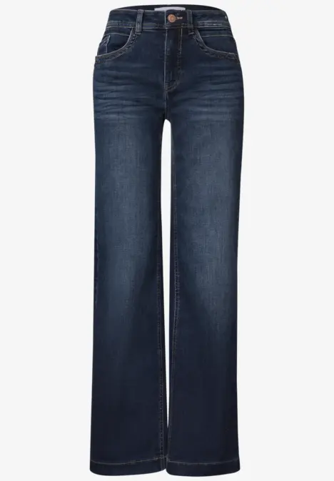Dunkelblaue High-Waist-Jeans mit weitem Bein und klassischer 5-Taschen-Form.