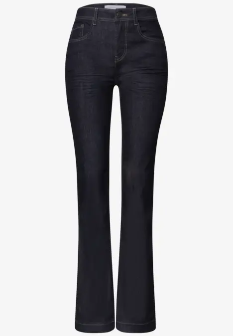 Dunkelblaue Damen-Jeans mit hohem Bund und leicht ausgestelltem Bein, klassische Five-Pocket-Optik.